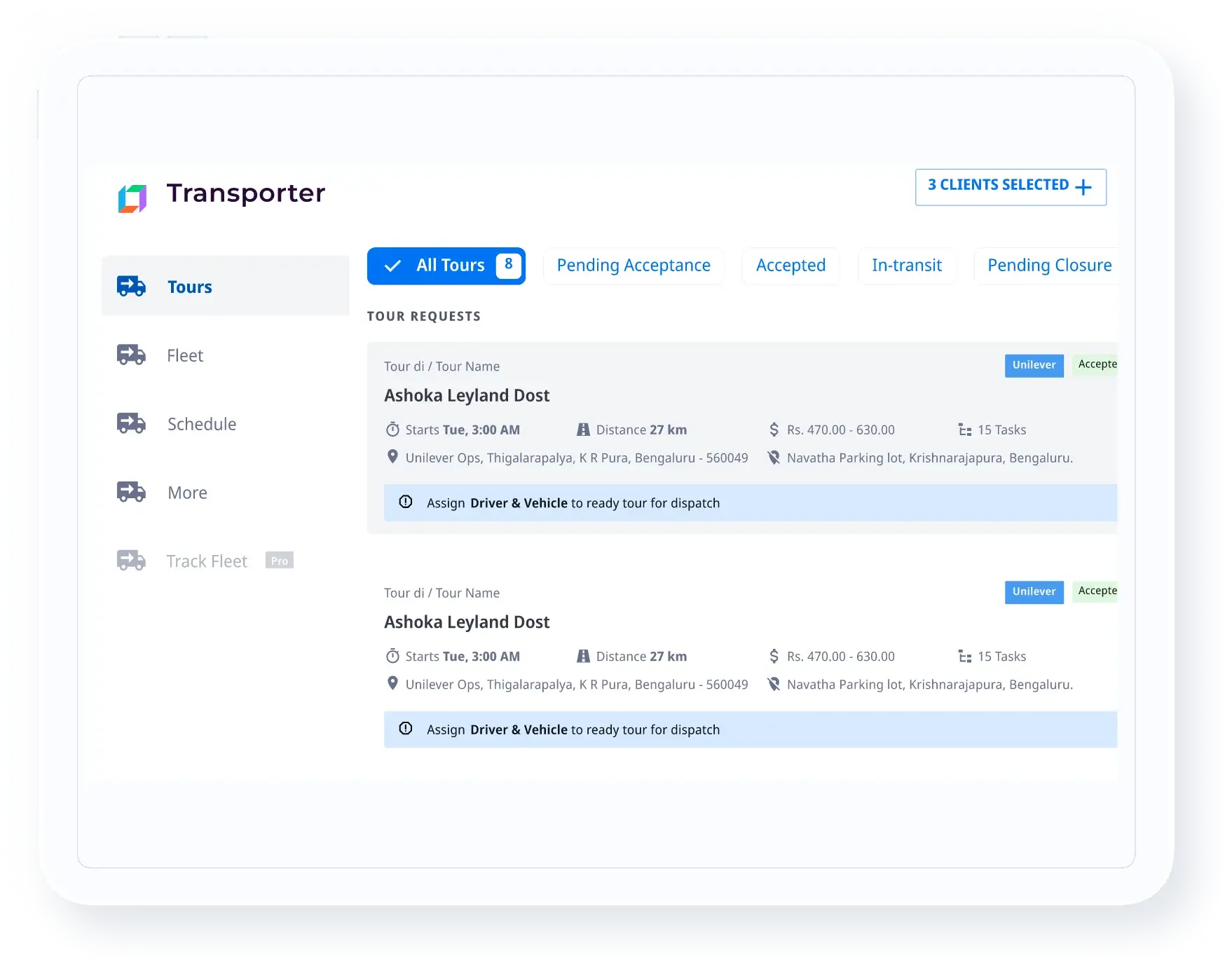 Transporter management dashboard screenshot