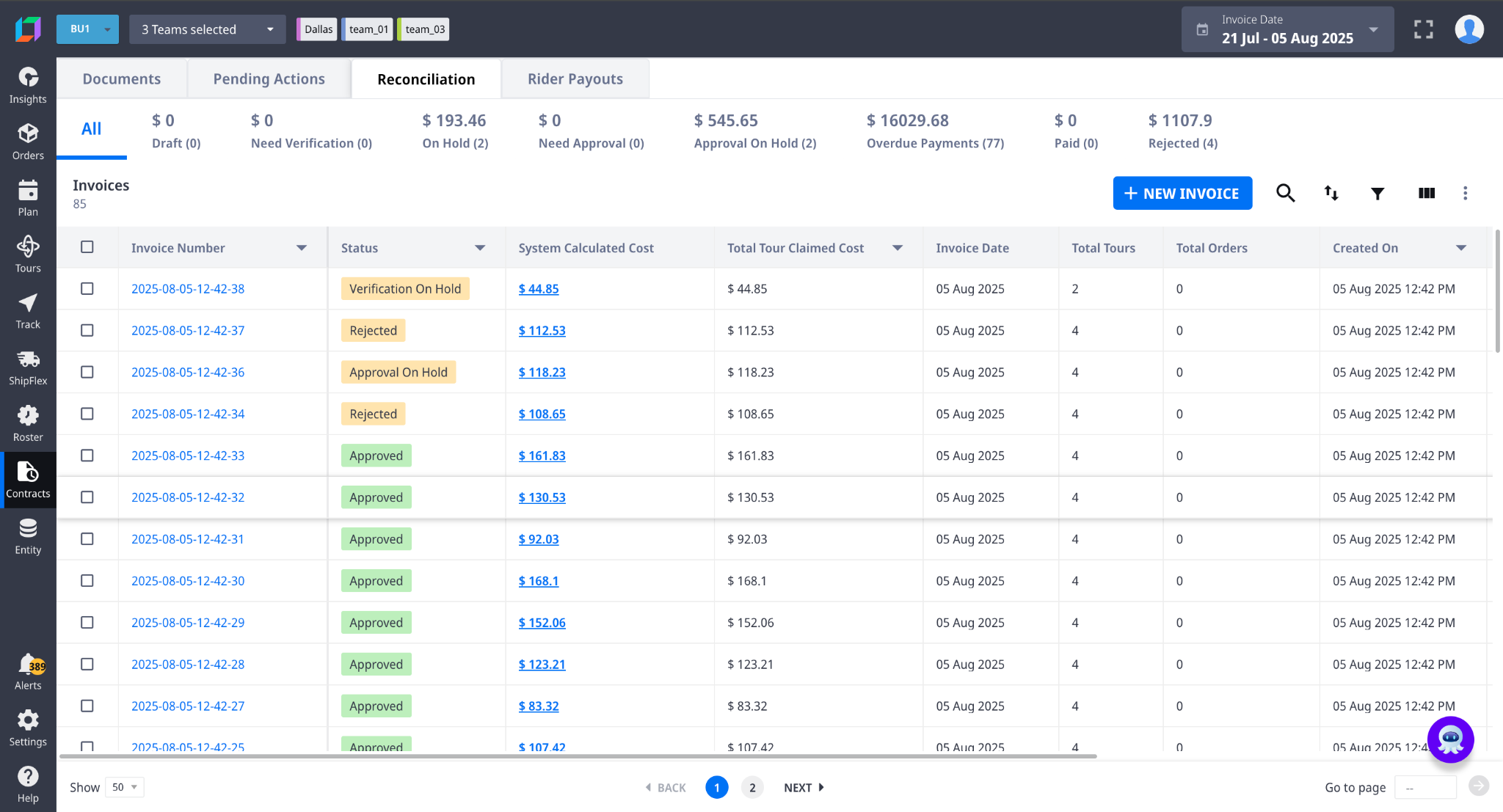 Automated Carrier Invoice Reconciliation Screen Image
