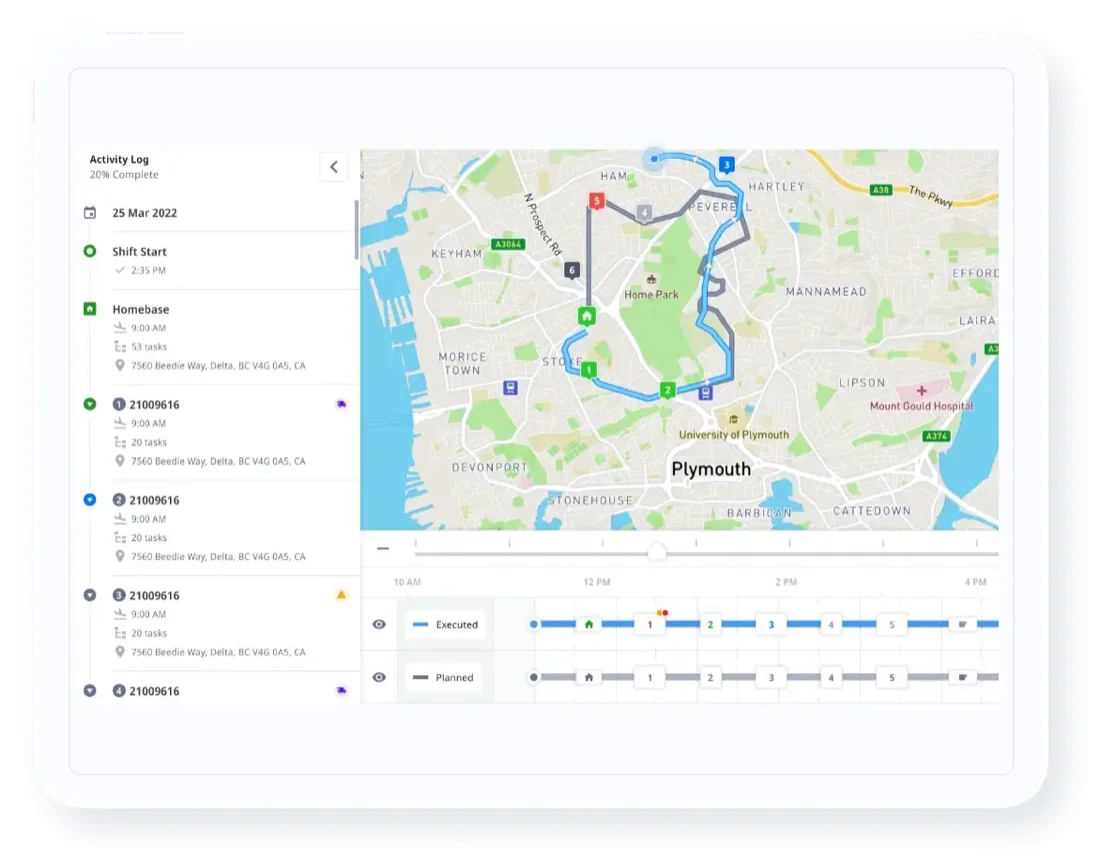 A centralized dispatcher control tower view showing a real-time GPS map of routes in Plymouth alongside an activity log and timeline
