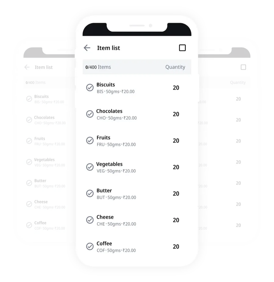 A mobile interface showing a digital item checklist for a delivery, featuring categories like biscuits, chocolates, and fruits with quantities