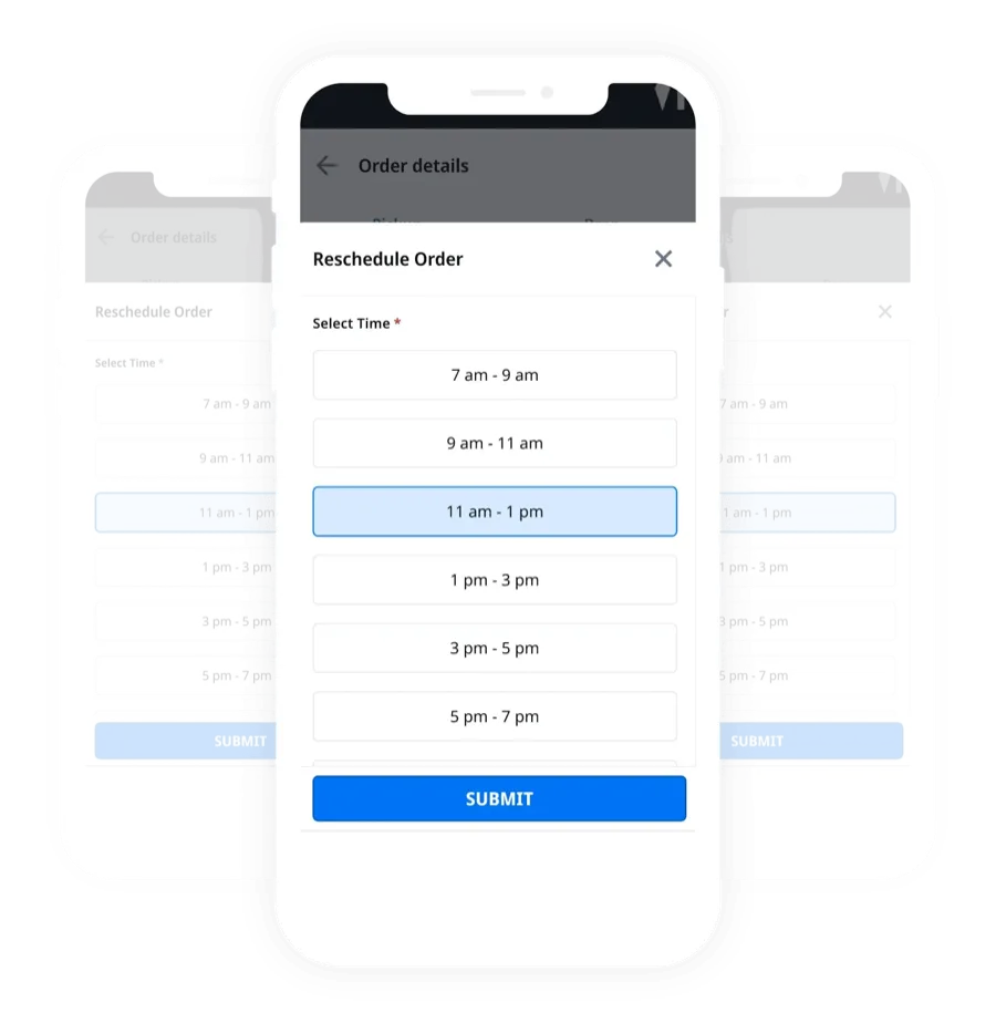 A mobile interface allowing customers or drivers to reschedule an order by selecting a specific time window from a list of options