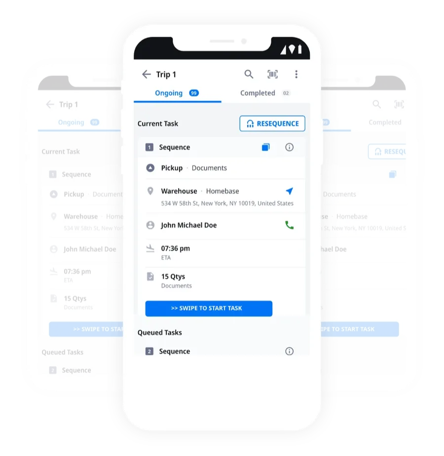The Locus Driver Companion App interface showing a sequenced task list for Trip 1 with current task details and a swipe-to-start action