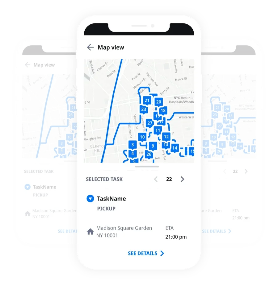 Locus mobile app showing an AI-powered map view for delivery routes