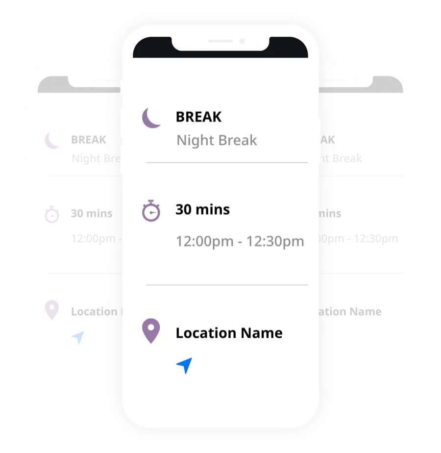 Mobile app screen displaying a scheduled 30-minute night break for a driver to ensure compliance and rest