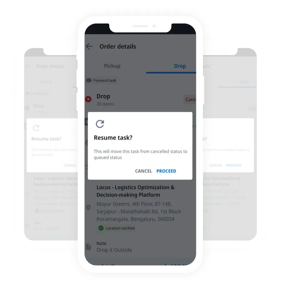 A mobile app notification prompt asking the driver to resume a previously cancelled task to move it back to the queued status