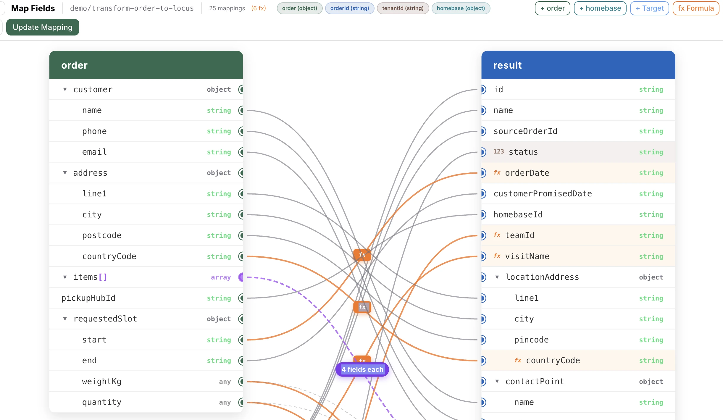 Composer field mapping view, with source order fields connected to target fields.