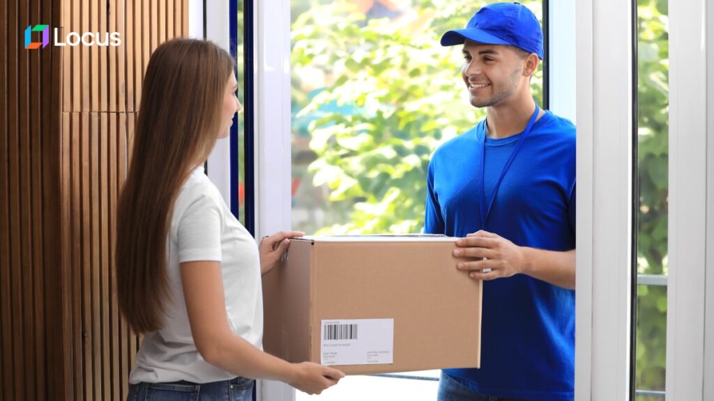 Delivering a package Field agent delivering package to customer using Locus last mile delivery software