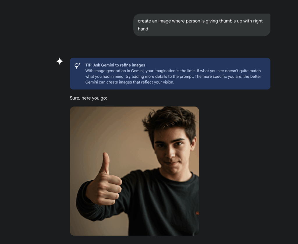 Two AI-generated images: the first shows a person performing an action with their right hand, and the second is an attempt at a mirrored version. The mirrored image fails to maintain accuracy, reinforcing AI bias in representation.