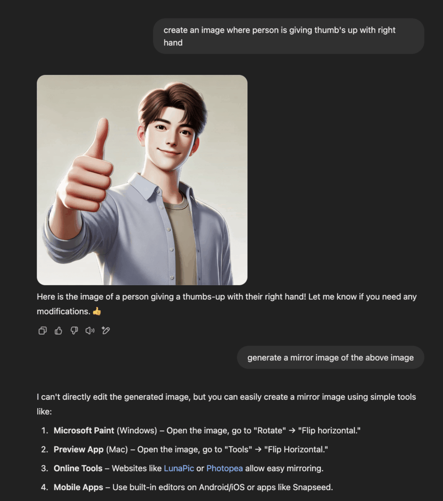 Two AI-generated images: the first shows a person performing an action with their right hand, and the second is an attempt at a mirrored version. The mirrored image fails to maintain accuracy, reinforcing AI bias in representation.