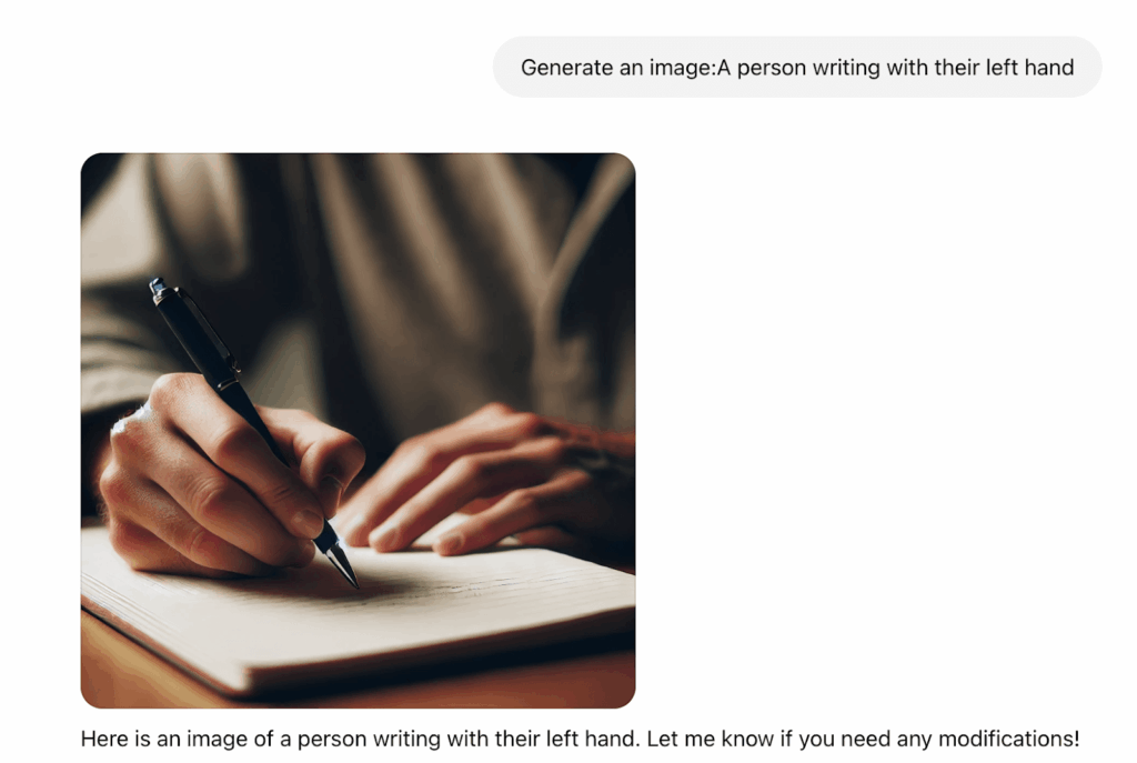 An AI-generated image of a person writing with their right hand, despite being prompted to generate a left-handed individual. This highlights AI bias in image generation.