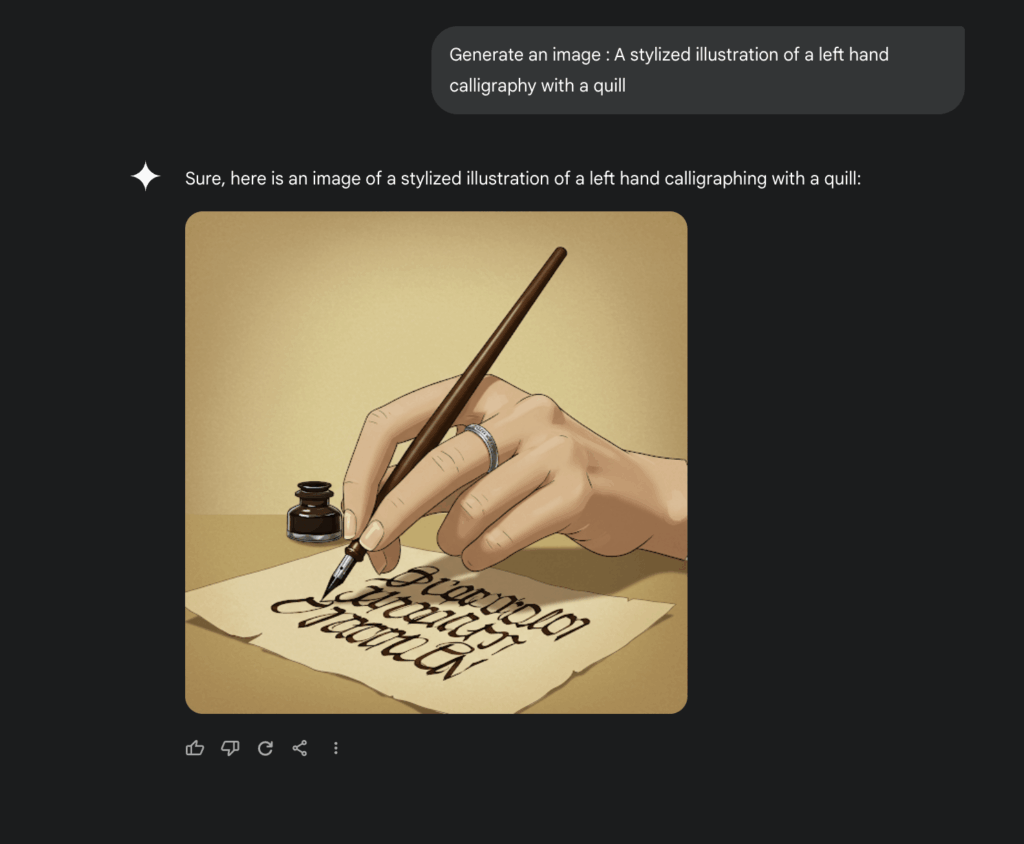 An AI-generated illustration of a person using a quill for calligraphy with their left hand. This demonstrates that AI can correctly depict left-handed individuals when given specific wording and stylized prompts