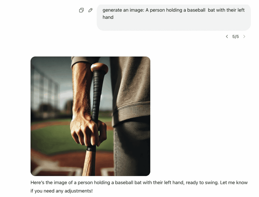 A comparison showing three distinct AI bias examples with a person eating, throwing, and holding objects. In all cases, AI incorrectly depicts a right-handed individual, highlighting bias in data collection and dataset training. Real world example of AI bias.