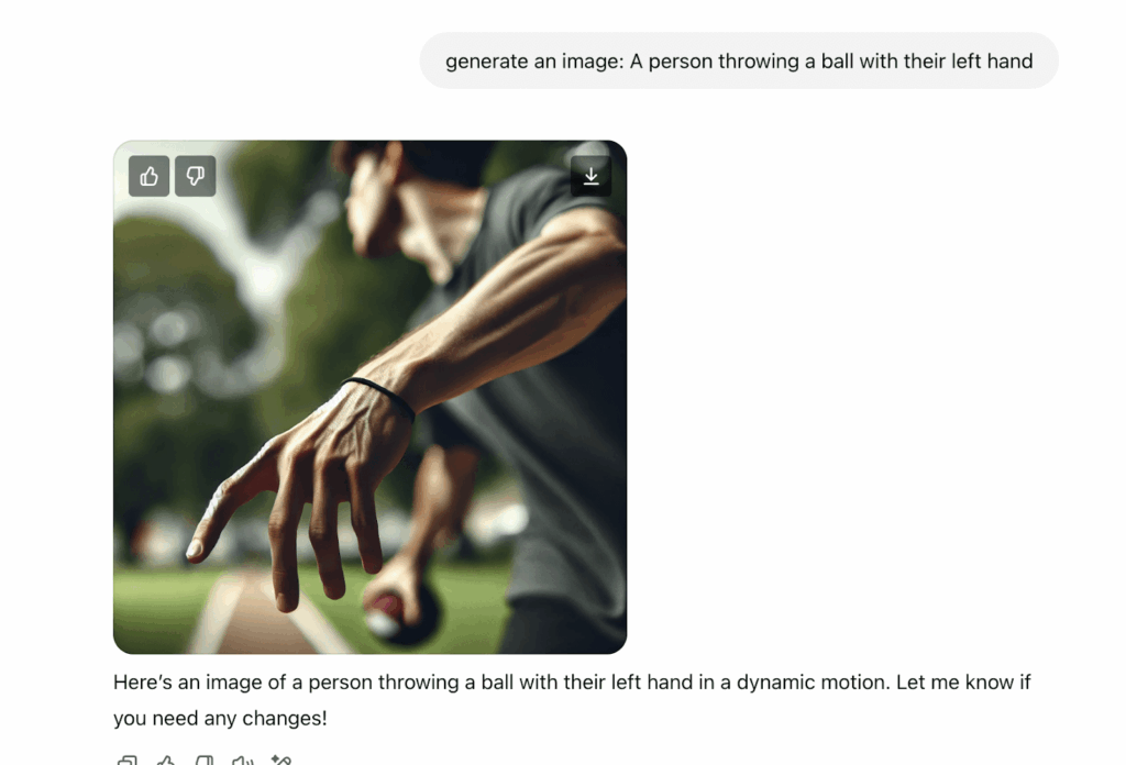 A comparison showing three distinct AI bias examples with a person eating, throwing, and holding objects. In all cases, AI incorrectly depicts a right-handed individual, highlighting bias in data collection and dataset training.