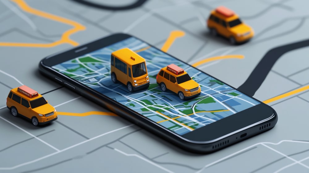 3D-rendered delivery vehicles on a smartphone map interface.