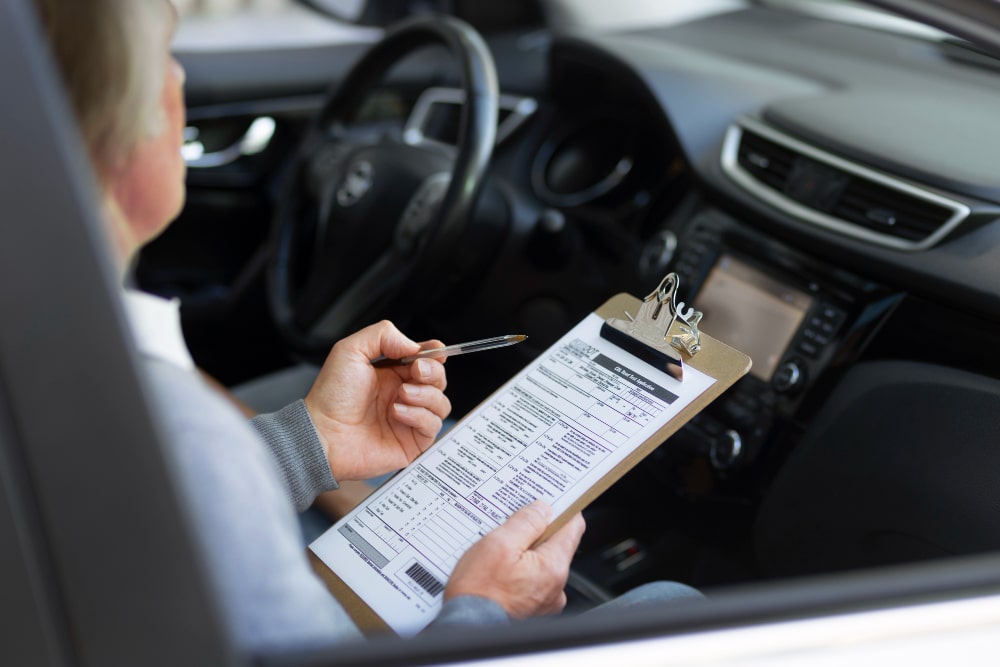Driver reviewing delivery checklist inside a vehicle.