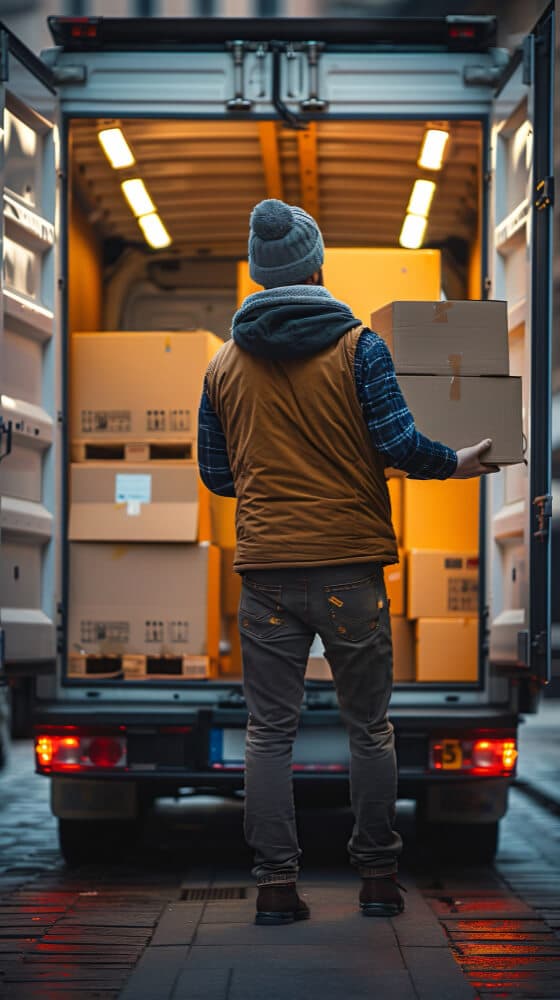 Delivery worker loading boxes into a last-mile van
