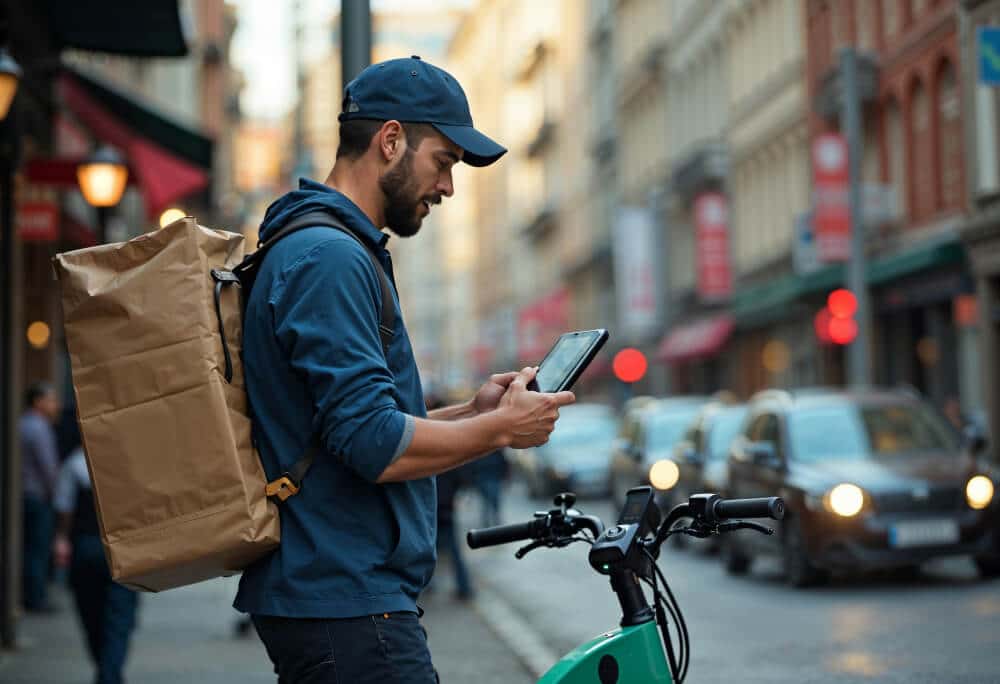 Courier with a large delivery backpack checking route on a tablet beside an electric bike in a city street.