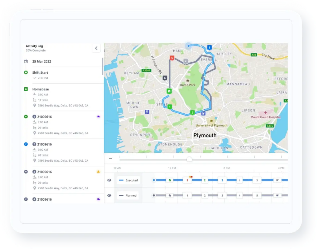 Map-based delivery route view with activity log and timeline of executed versus planned tasks.