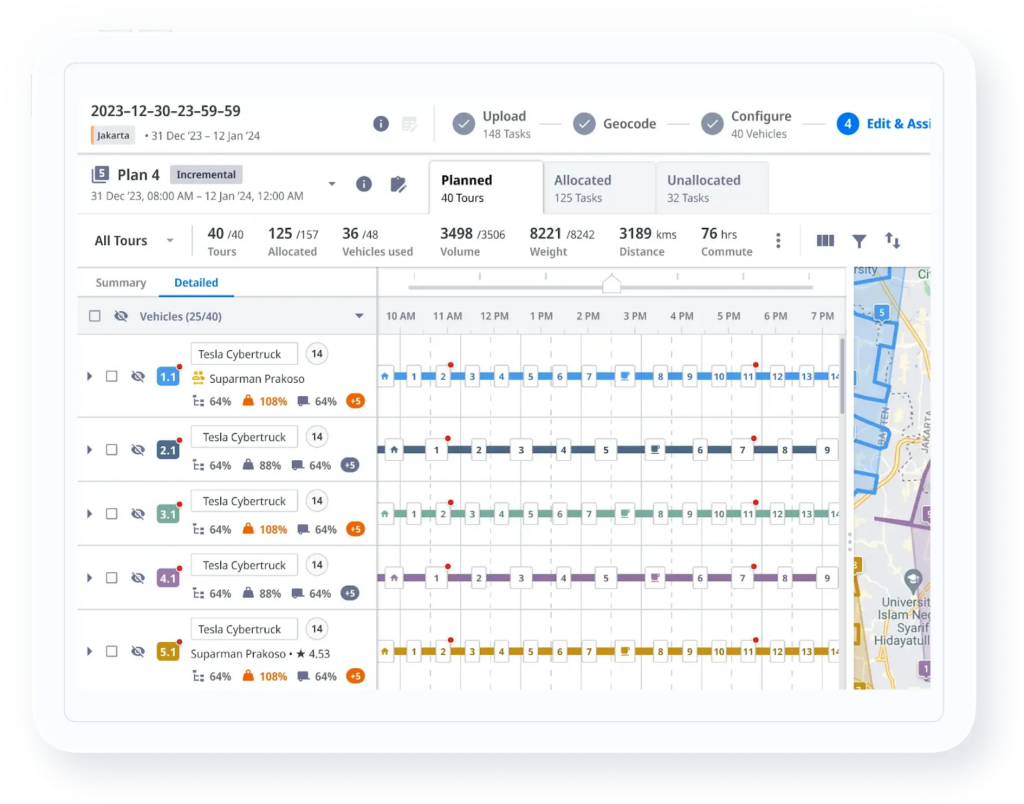 Delivery planning dashboard displaying vehicle assignments, route schedules, and task allocation with detailed utilization metrics.