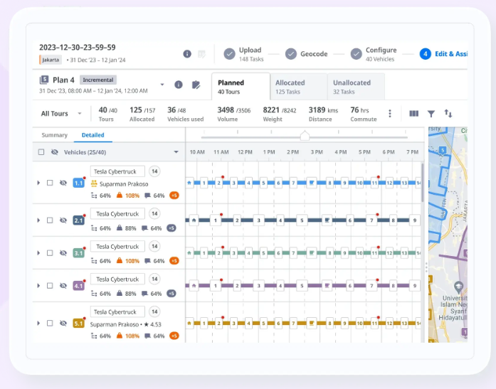 Fleet dispatch dashboard showing truck schedules, utilization rates, and delivery routes on an integrated map view.