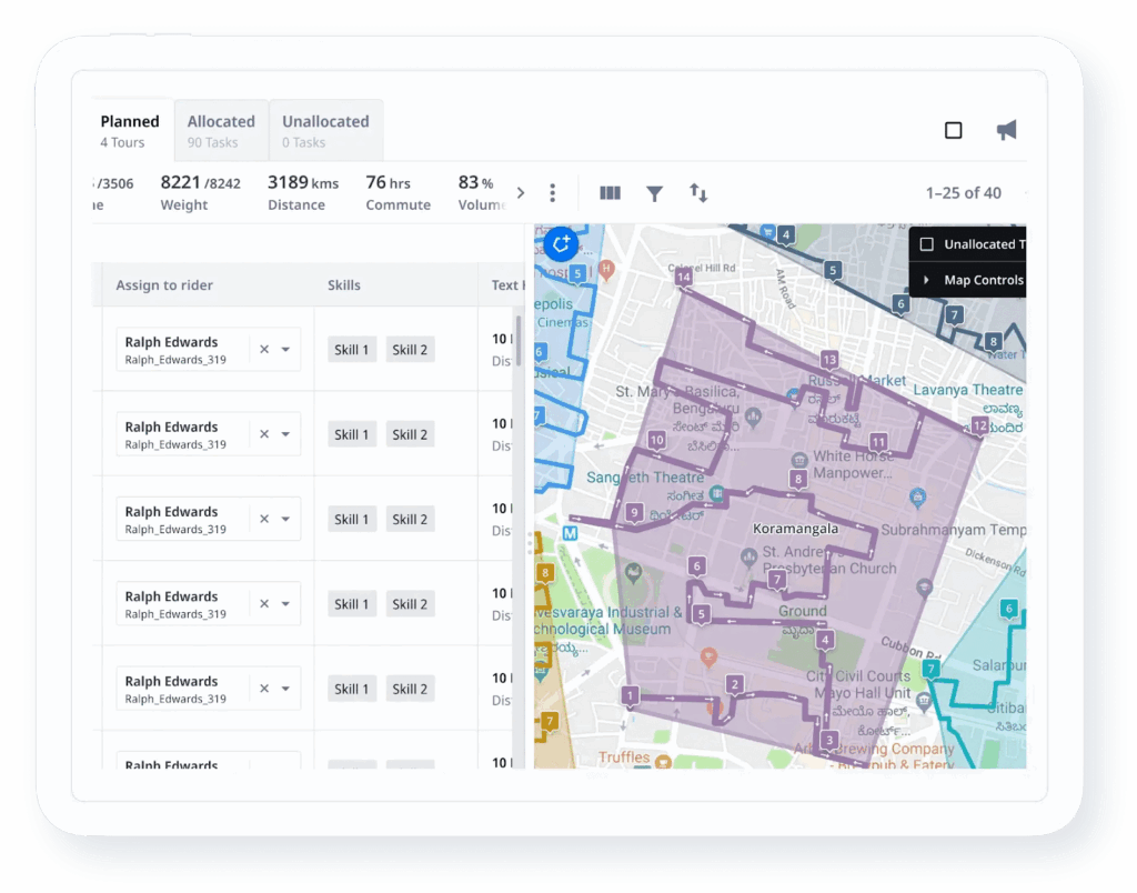 Logistics planning dashboard displaying delivery zones, driver assignments, and route optimization on a city map.