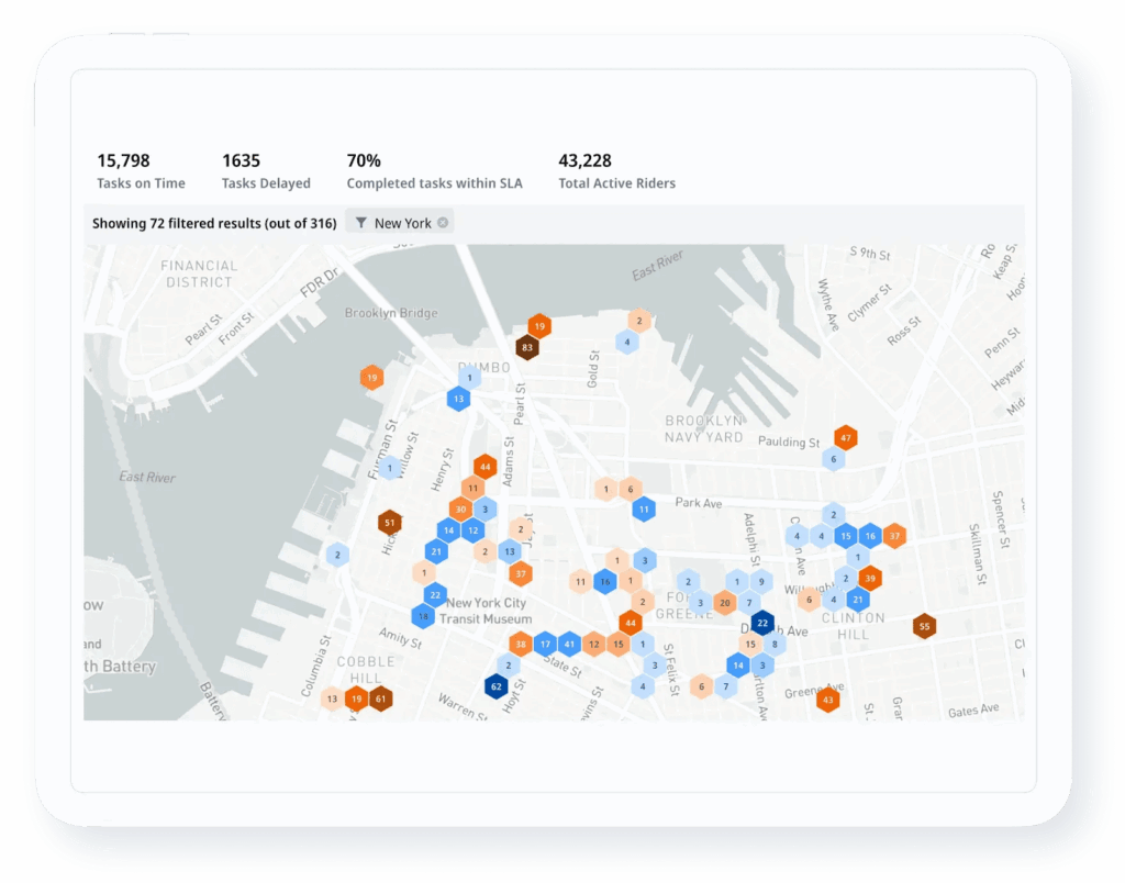 Map view of delivery performance by zone.
