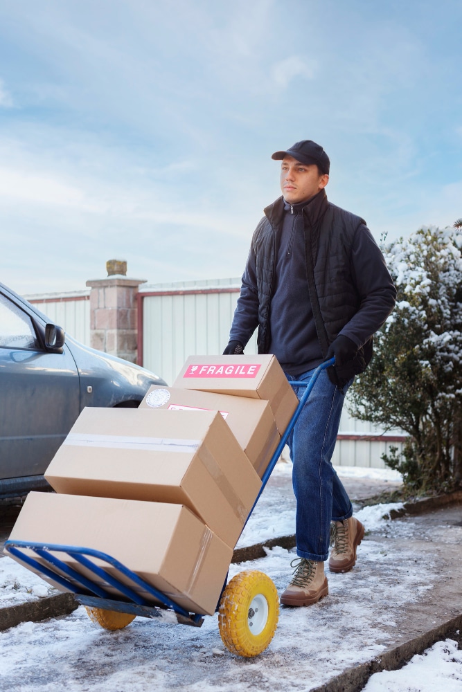 Delivery worker moving fragile packages on a hand truck in a snowy outdoor setting.