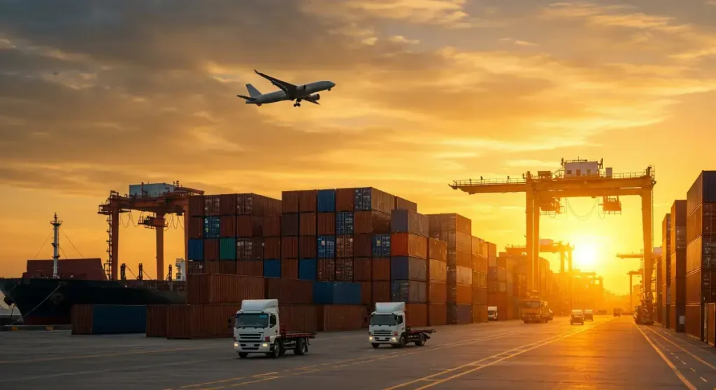 Cargo trucks, containers, cranes, and an airplane at a logistics hub during sunset.