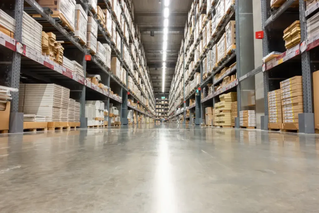 Warehouse aisle with tall shelves stacked with boxes and pallets, representing large-scale inventory storage.