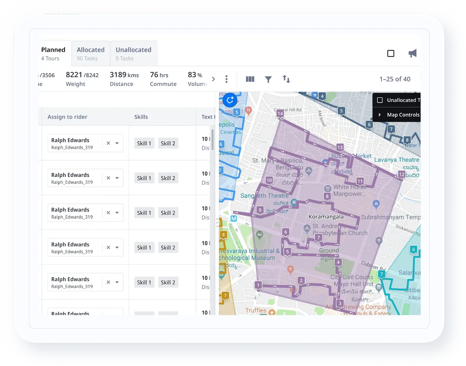 Logistics planning dashboard with task schedule timeline and color-coded delivery zones on a city map.