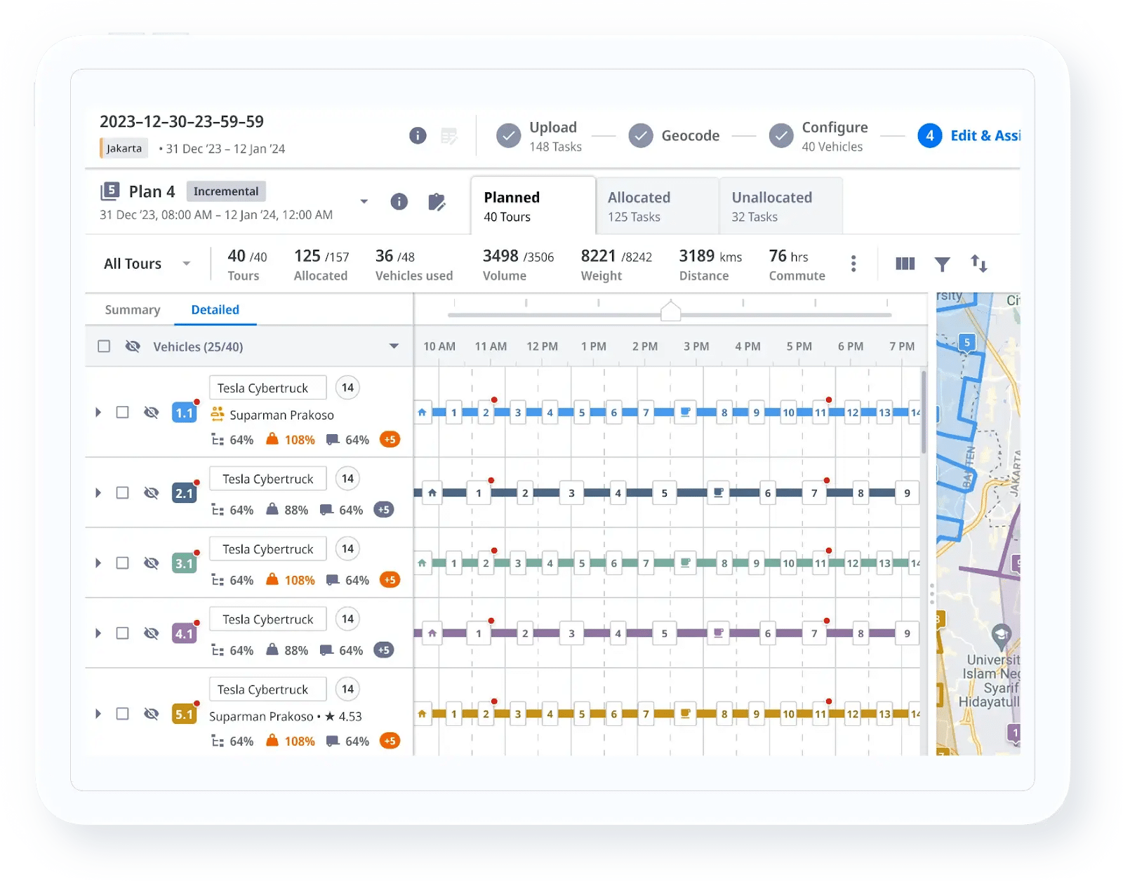 Real-time dispatch dashboard showing intelligent allocation of deliveries and optimized route planning