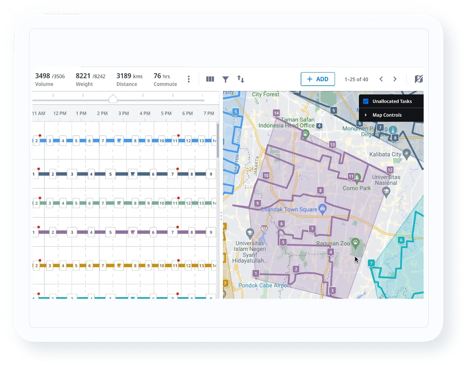 Screenshot of dispatch software displaying delivery routes, task timelines, and service area boundaries on a live map.