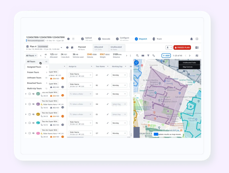 AI-powered Locus truck dispatch software dashboard with route planning, vehicle assignments, and delivery optimization across multiple territories.
