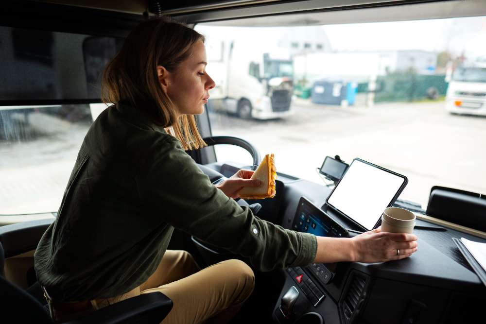 Professional female truck driver at the wheel representing logistics choice