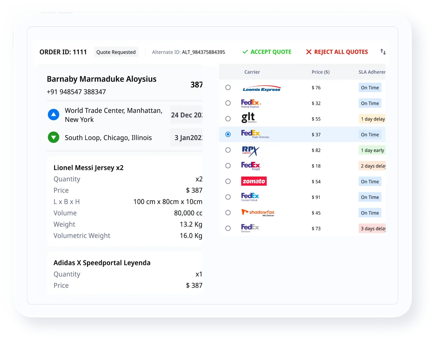 Shipping order screen showing multiple courier quotes with prices, delivery timelines, and SLA adherence.