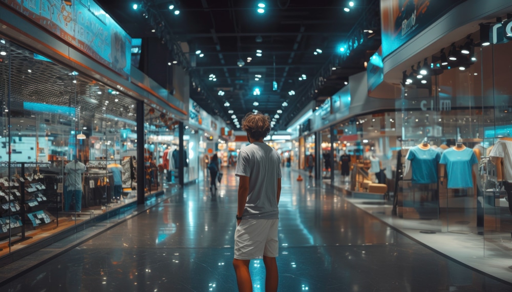 Shopper in a mall with AI overlays showing real-time retail visibility