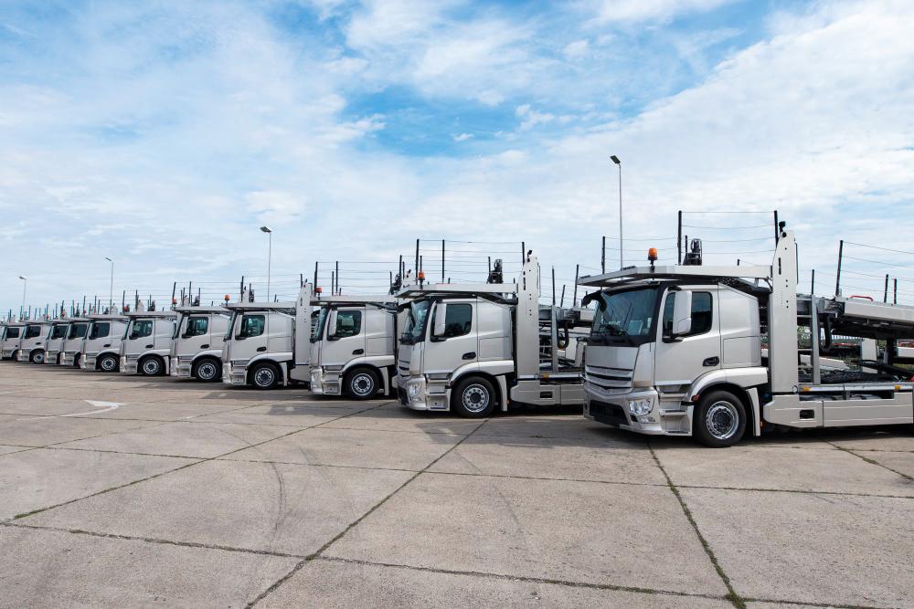 Row of silver trucks parked in a distribution yard under a clear sky, representing a managed commercial fleet.