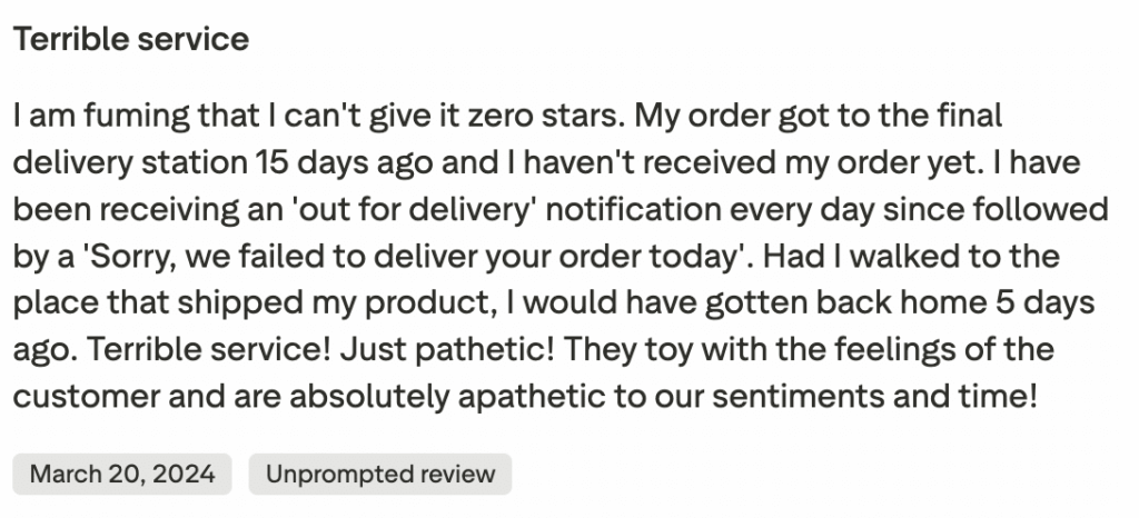Delivery tracking screen repeatedly showing “Out for delivery” without completion.