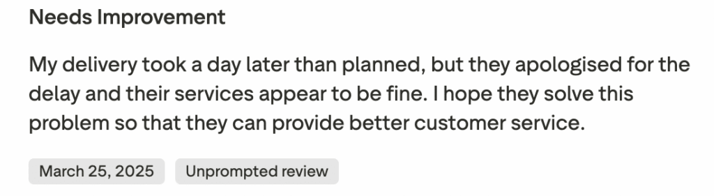 Delivery timeline showing expected vs. delayed completion.