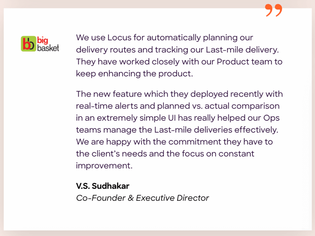 BigBasket operations team monitoring planned vs. actual delivery performance on Locus