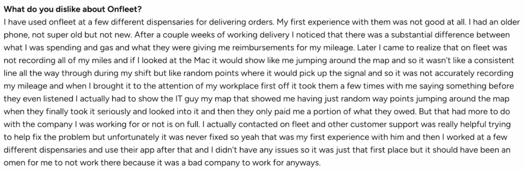 Map view displaying inconsistent GPS points along a driver's route.