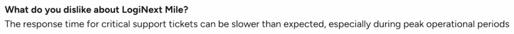 Review screenshot showing delayed support response issues for LogiNext Mile.