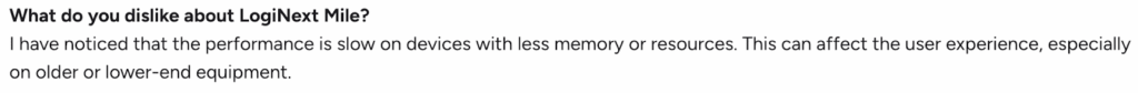 Review screenshot showing performance issues on low-resource devices for LogiNext Mile.