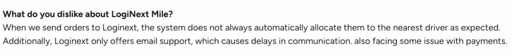 Review screenshot highlighting issues with automatic allocation for LogiNext Mile.