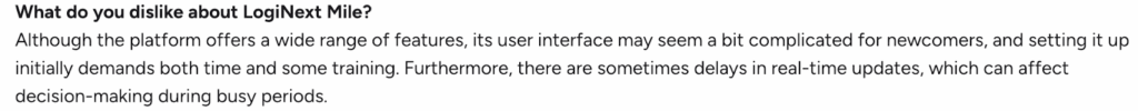 Review screenshot showing issues with real-time updates for LogiNext Mile.