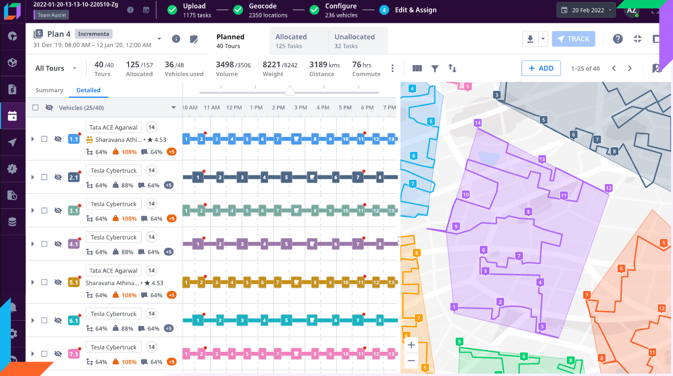 Pharmacy dispatch software screen showing automated driver assignment and optimized routes