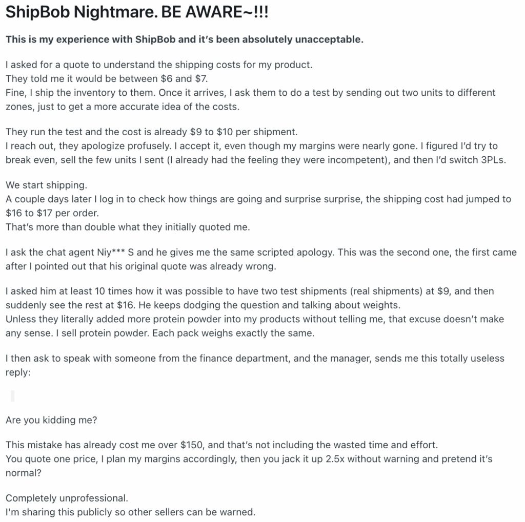 Review screenshot showing fluctuating shipping costs for ShipBob users.