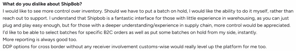 Review screenshot highlighting limited inventory control for ShipBob users.