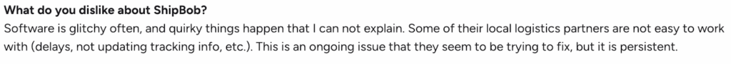 Review screenshot showing software glitches reported by ShipBob users