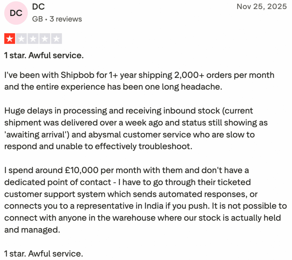 Review screenshot illustrating slow customer support for ShipBob users.